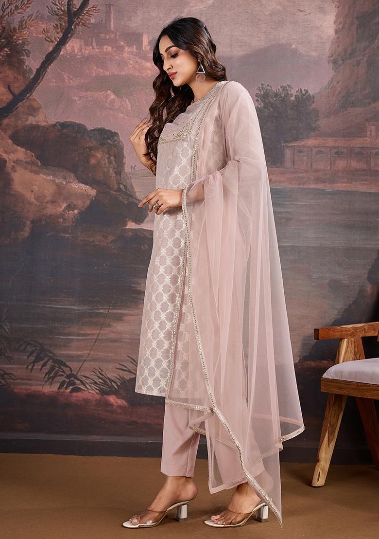 Pink Embroidered Jacquard Cotton Kurta Set