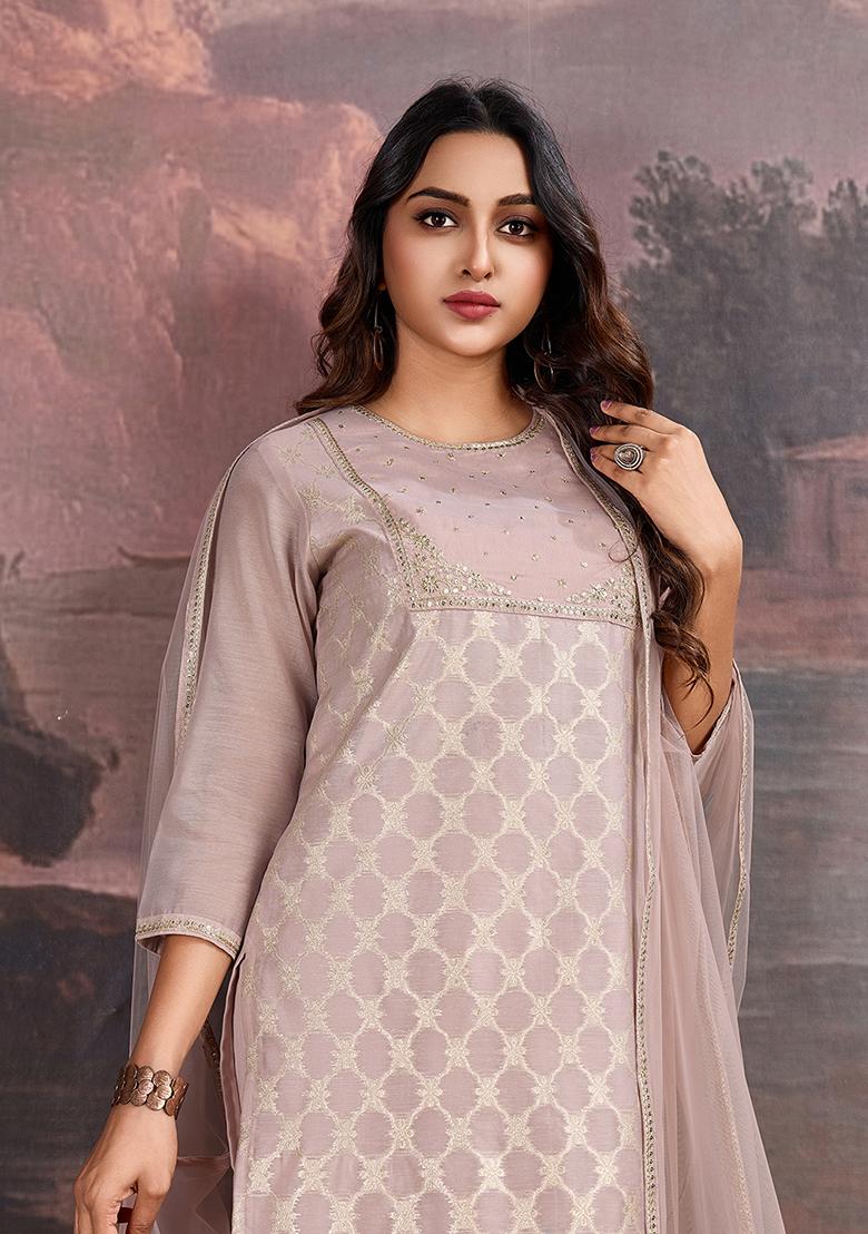 Pink Embroidered Jacquard Cotton Kurta Set