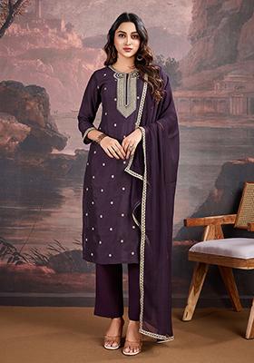 Wine Embroidered Vichitra Silk Kurta Set