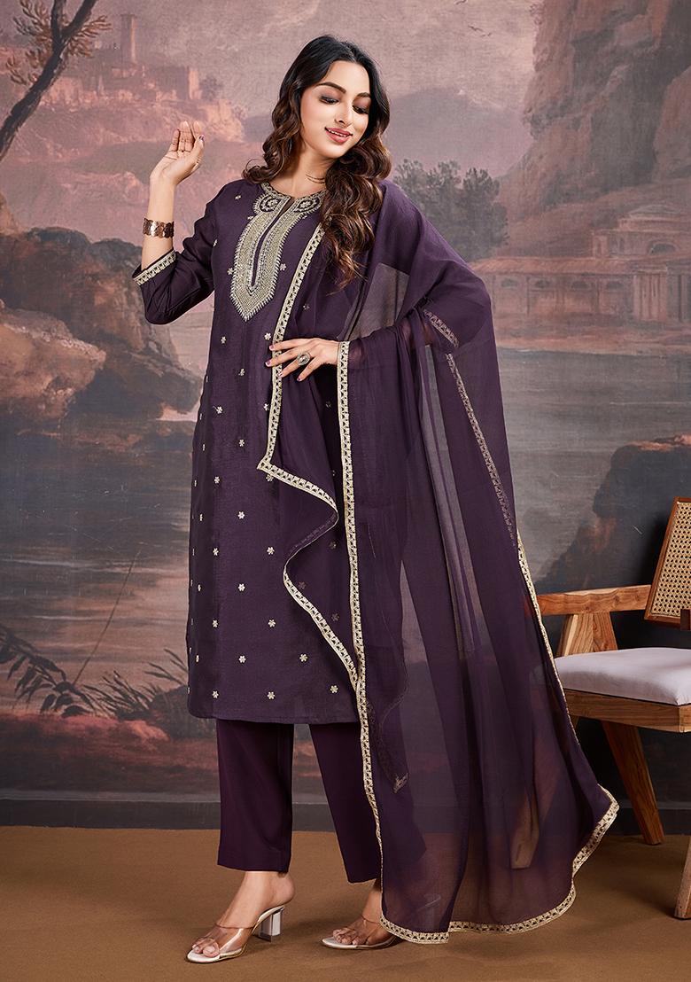 Wine Embroidered Vichitra Silk Kurta Set