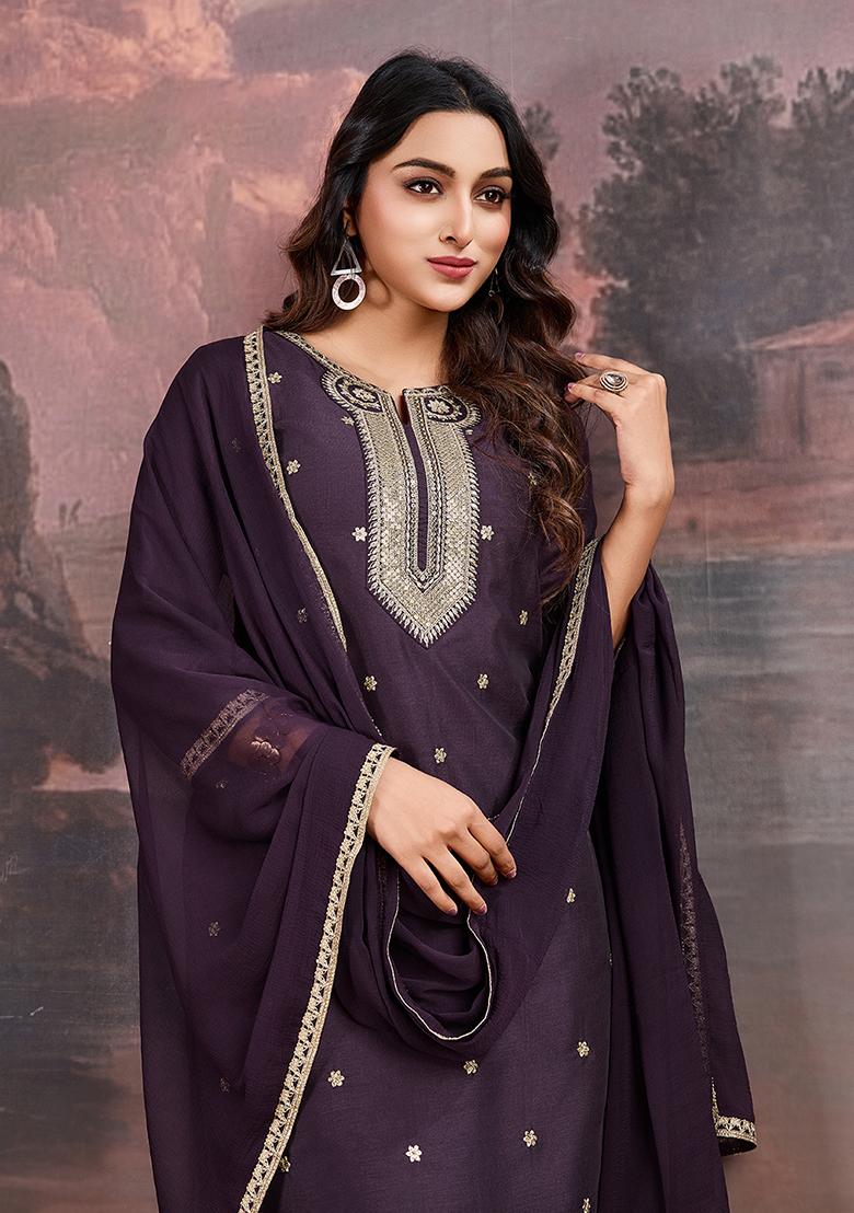 Wine Embroidered Vichitra Silk Kurta Set