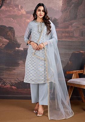 Grey Embroidered Jacquard Cotton Kurta Set