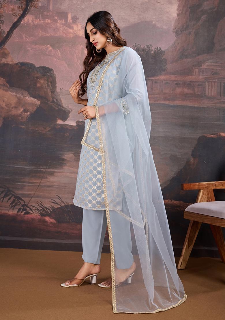 Grey Embroidered Jacquard Cotton Kurta Set