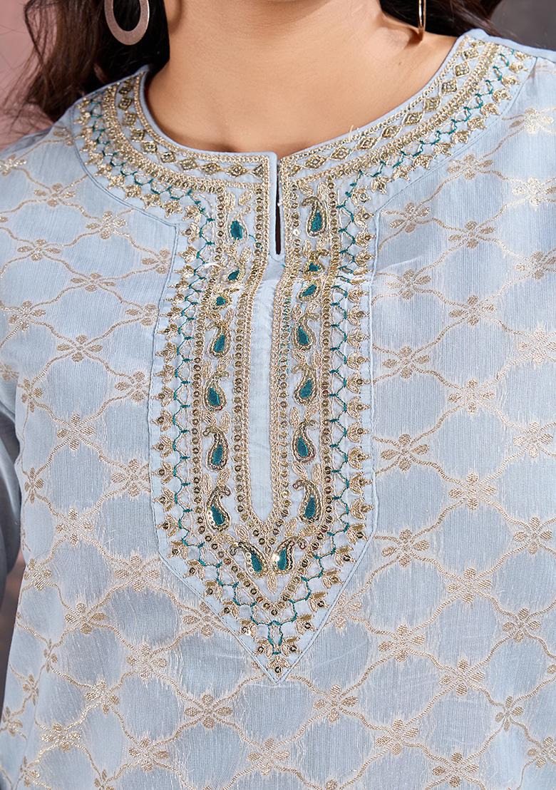 Grey Embroidered Jacquard Cotton Kurta Set