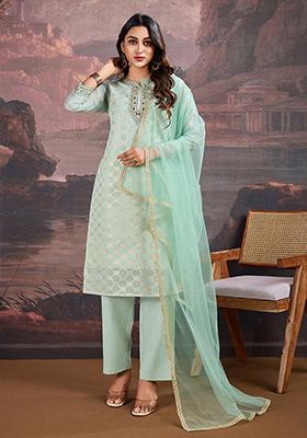 Pista Green Embroidered Jacquard Cotton Kurta Set