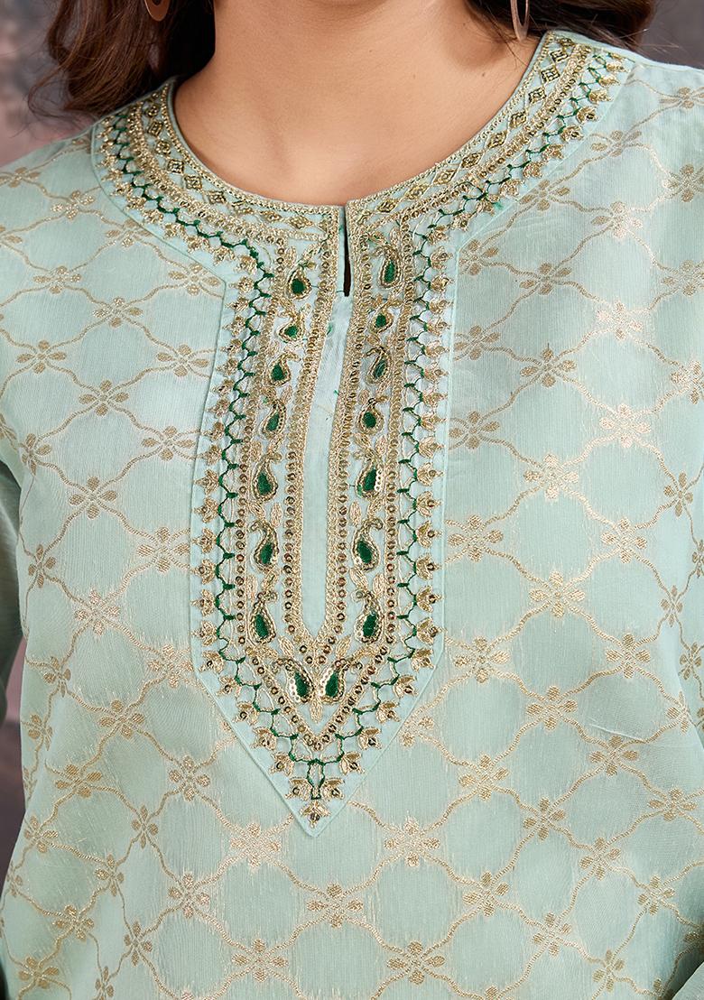 Pista Green Embroidered Jacquard Cotton Kurta Set