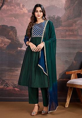 Green Embroidered Chanderi Cotton Kurta Set