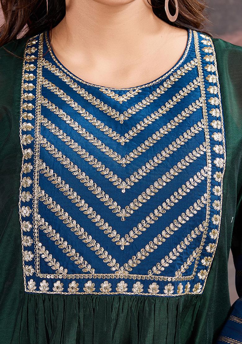 Green Embroidered Chanderi Cotton Kurta Set