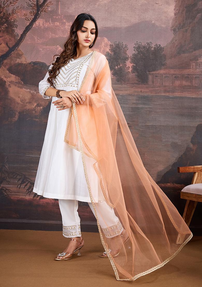White Embroidered Chanderi Cotton Kurta Set