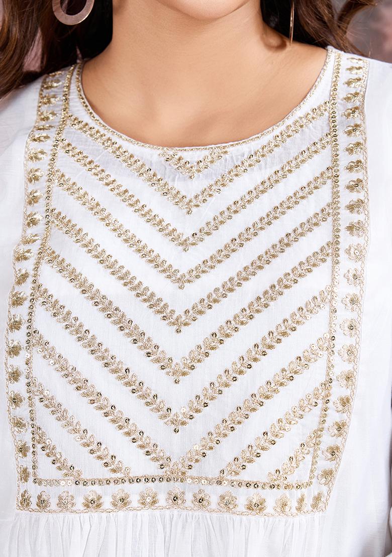 White Embroidered Chanderi Cotton Kurta Set