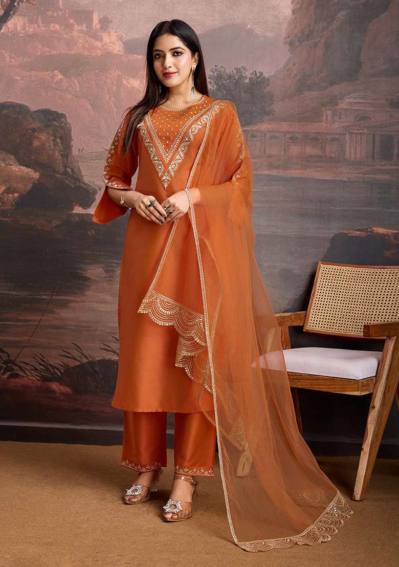 Rust Embroidered Silk Blend Straight Kurta Set - Indya