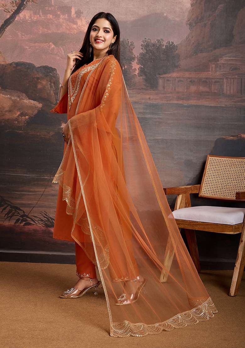 Rust Embroidered Silk Blend Straight Kurta Set - Indya