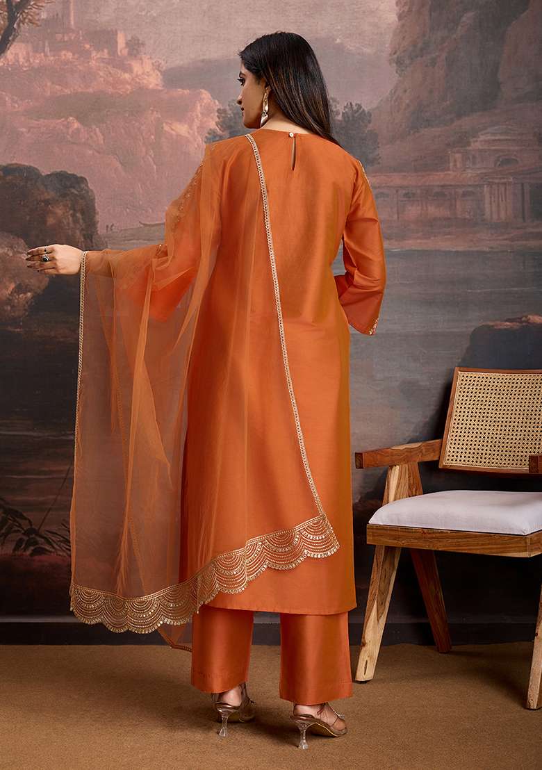 Rust Embroidered Silk Blend Straight Kurta Set - Indya