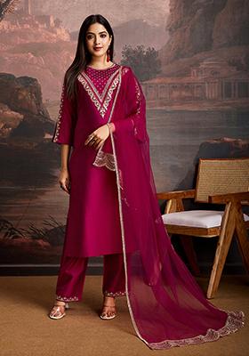 Dark Pink Embroidered Silk Kurta Set