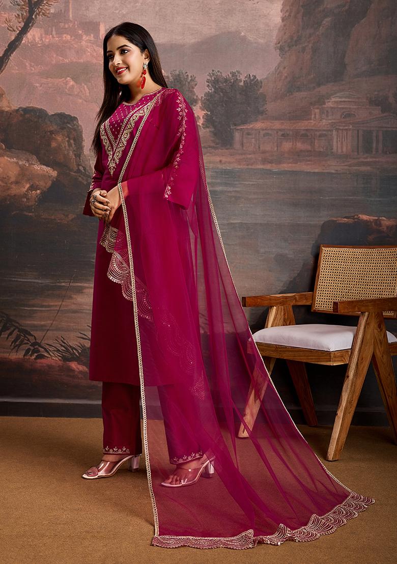 Dark Pink Embroidered Silk Kurta Set