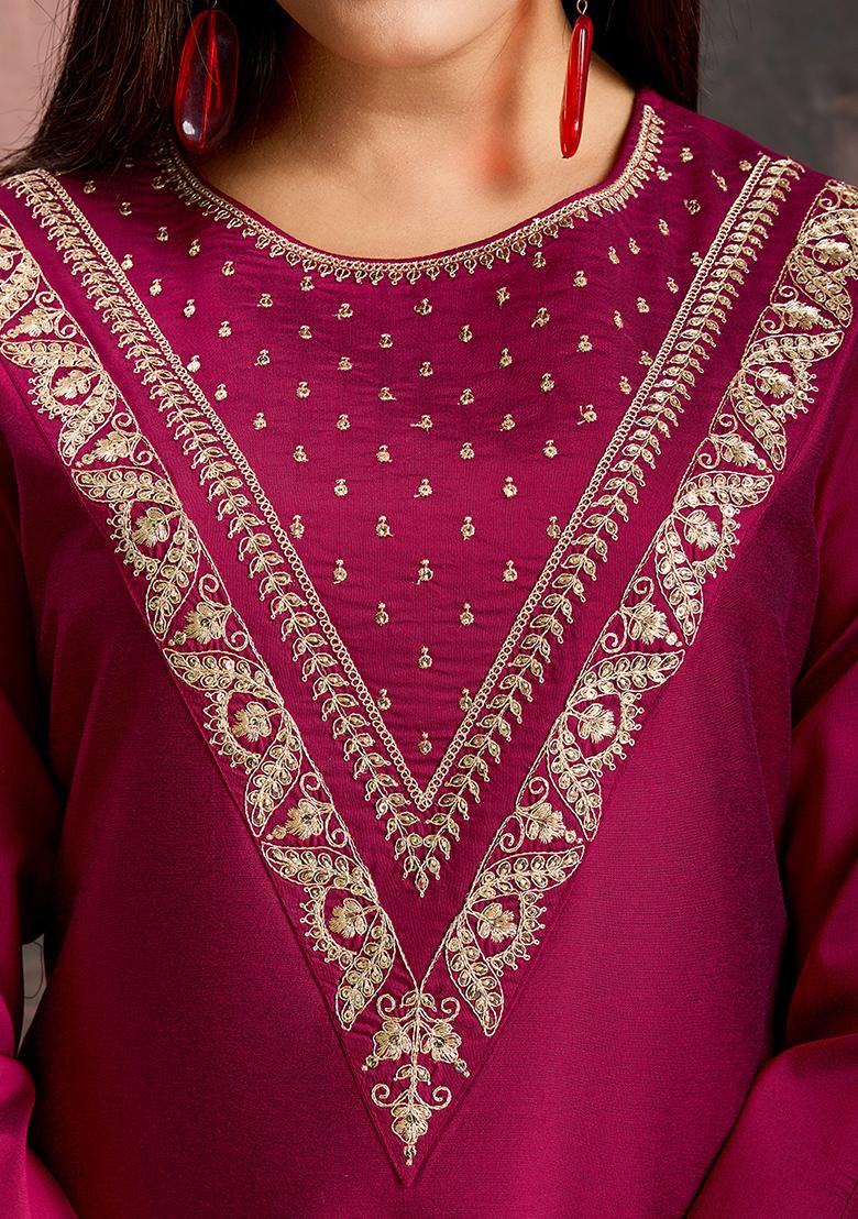 Dark Pink Embroidered Silk Kurta Set