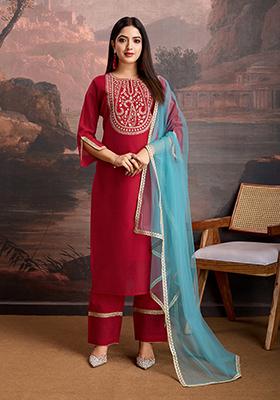 Red Embroidered Chanderi Cotton Kurta Set