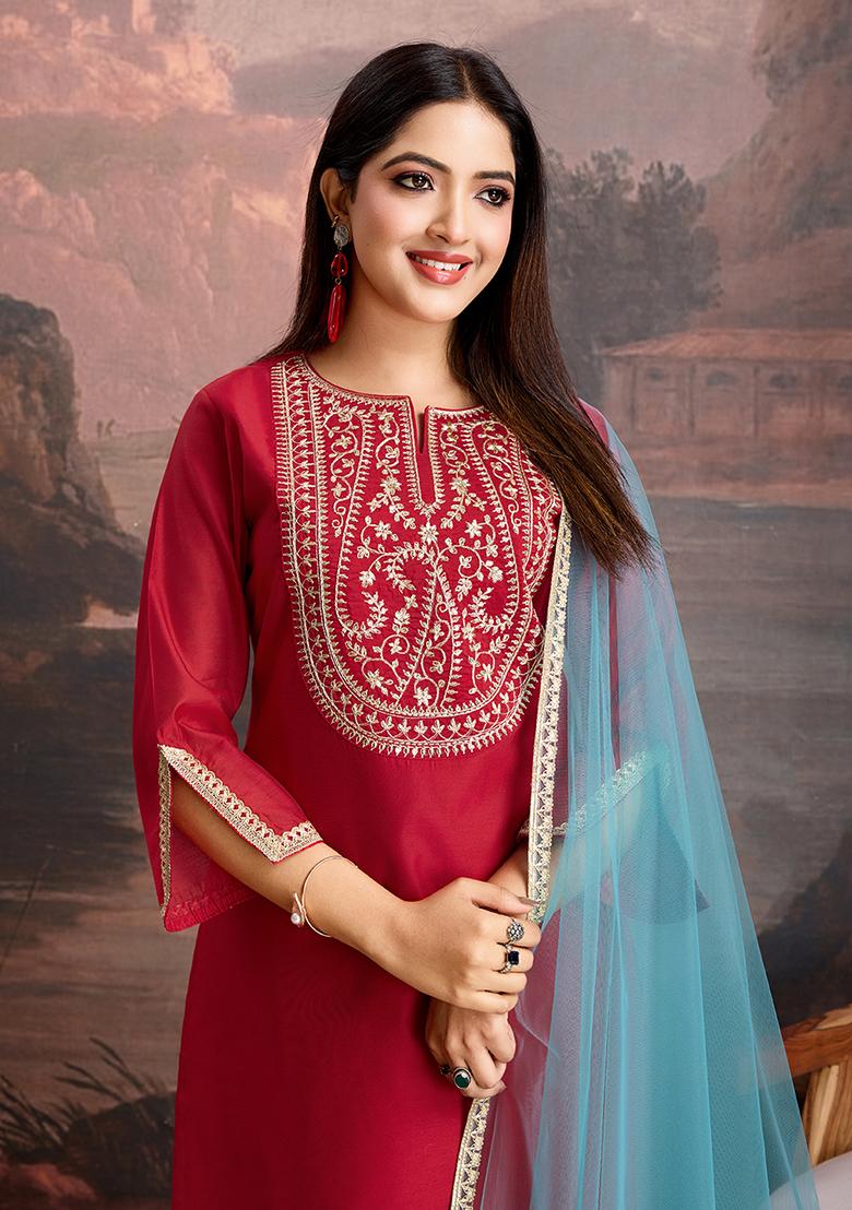 Red Embroidered Chanderi Cotton Kurta Set