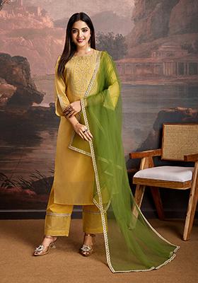 Yellow Embroidered Chanderi Cotton Kurta Set