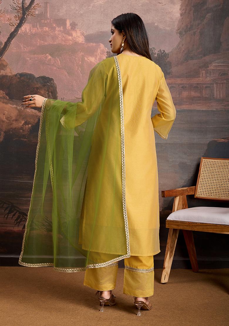 Yellow Embroidered Chanderi Cotton Kurta Set