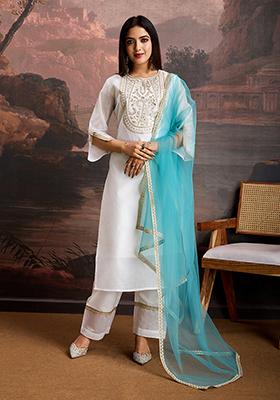 White Embroidered Chanderi Cotton Kurta Set