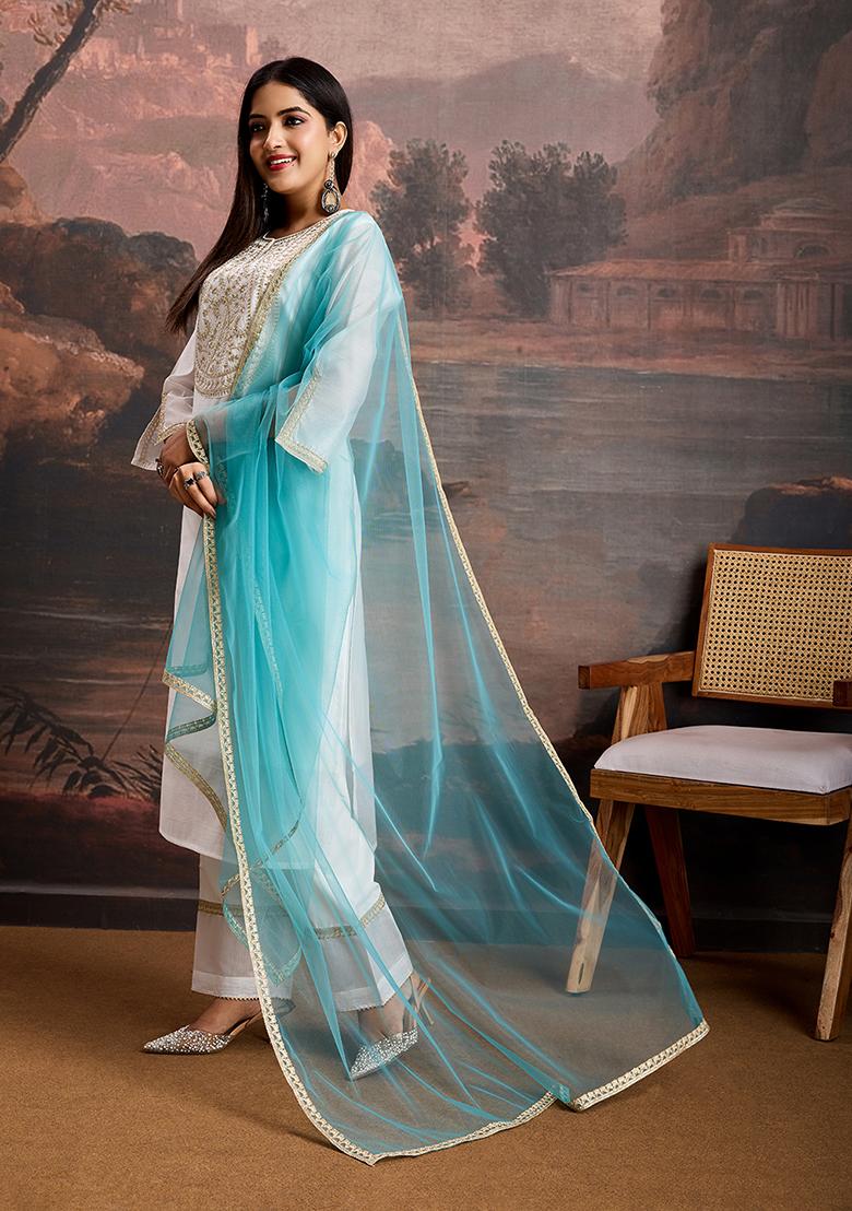White Embroidered Chanderi Cotton Kurta Set