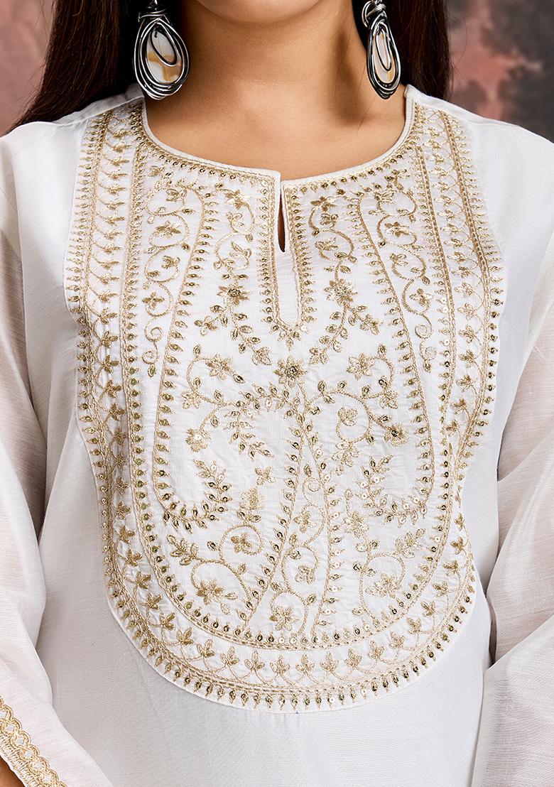 White Embroidered Chanderi Cotton Kurta Set