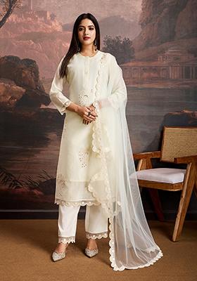 Peach Embroidered Chanderi Cotton Kurta Set