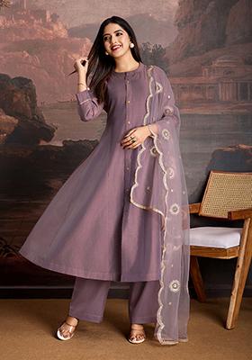 Purple Embroidered Chanderi Cotton Kurta Set