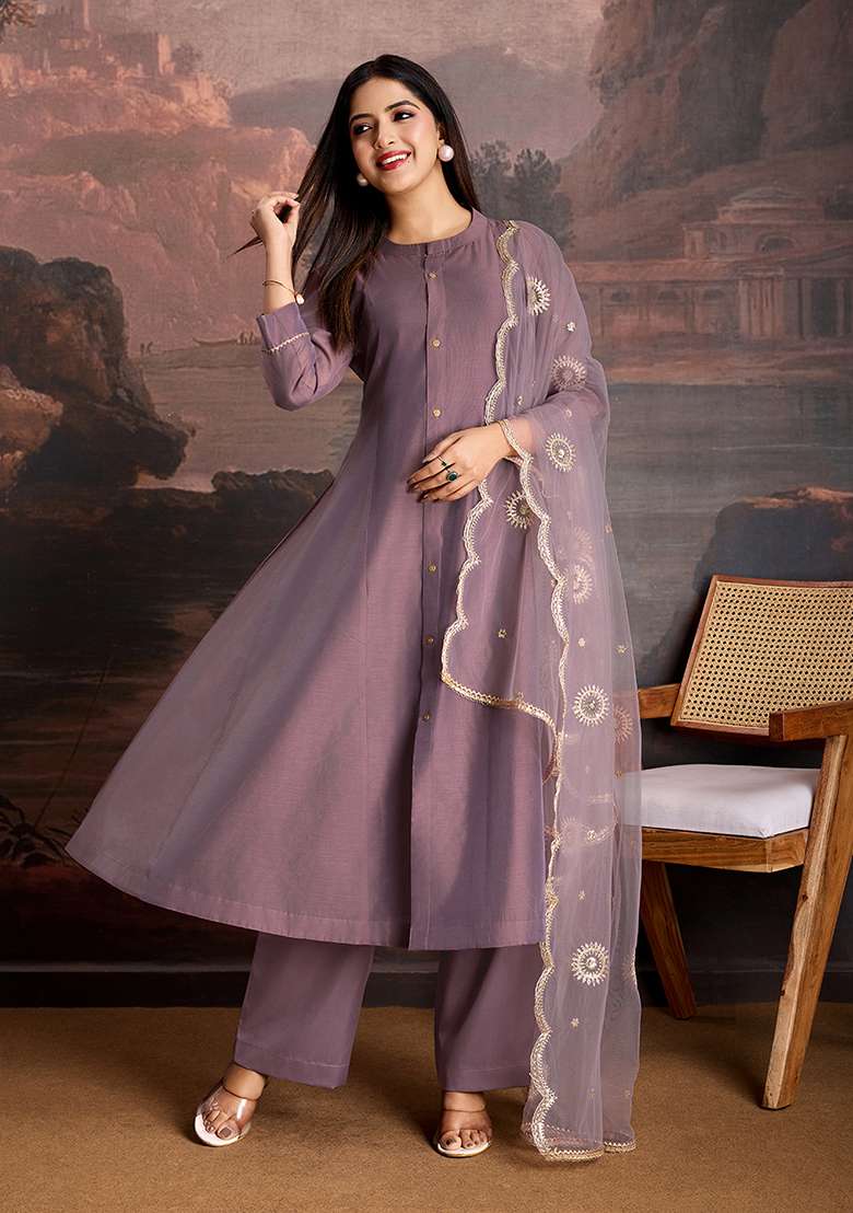 Purple Embroidered Chanderi A Line Kurta Set - Indya