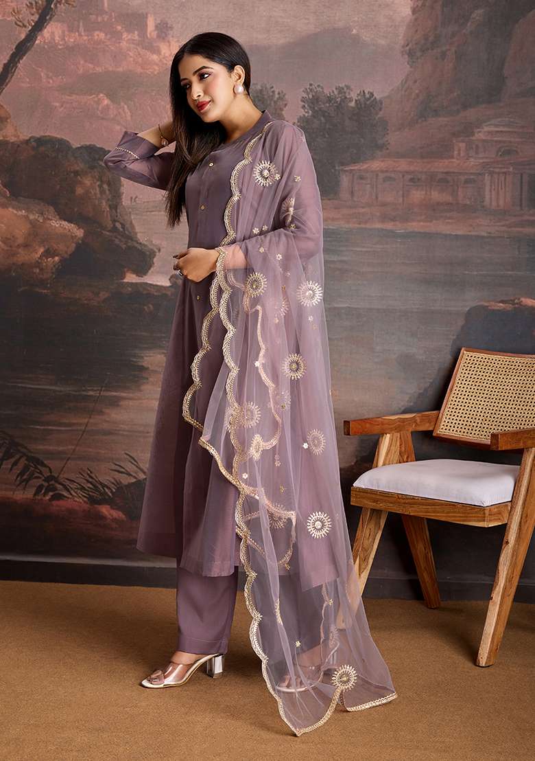 Purple Embroidered Chanderi A Line Kurta Set - Indya