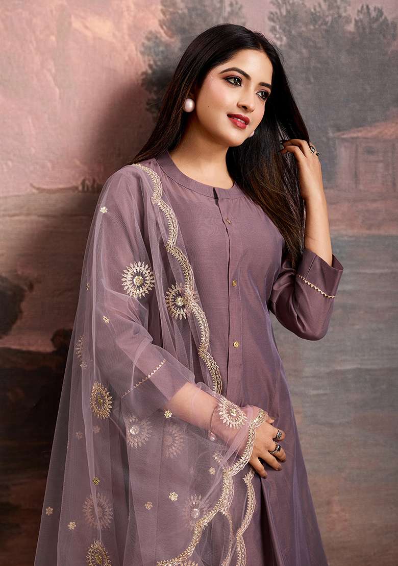 Purple Embroidered Chanderi A Line Kurta Set - Indya