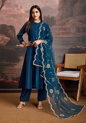 Rama Green Embroidered Chanderi Cotton Kurta Set