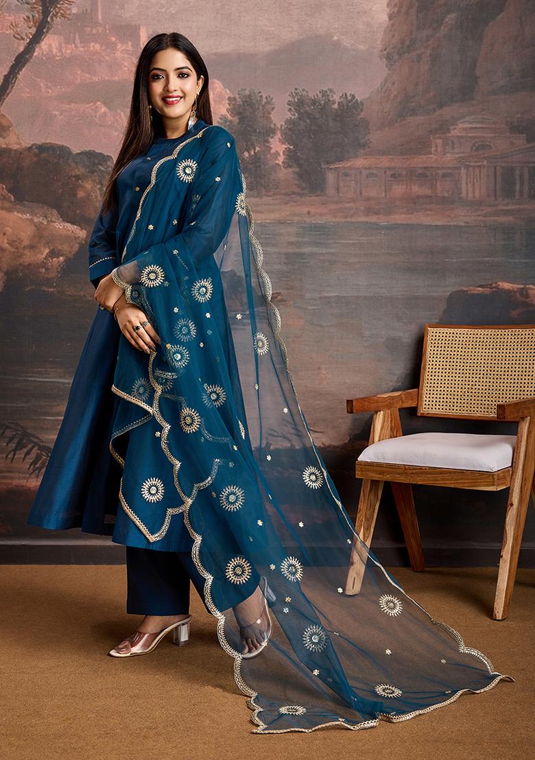 Rama Green Embroidered Chanderi Cotton Kurta Set