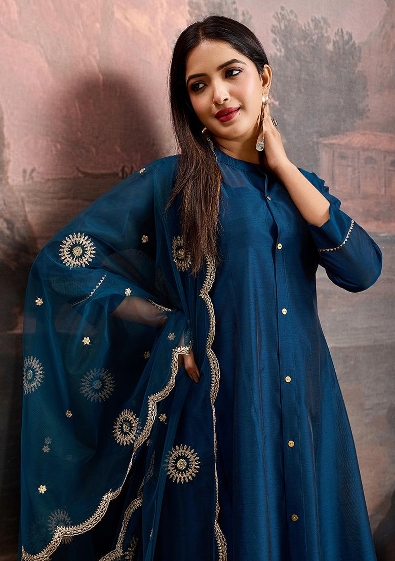 Rama Green Embroidered Chanderi Cotton Kurta Set