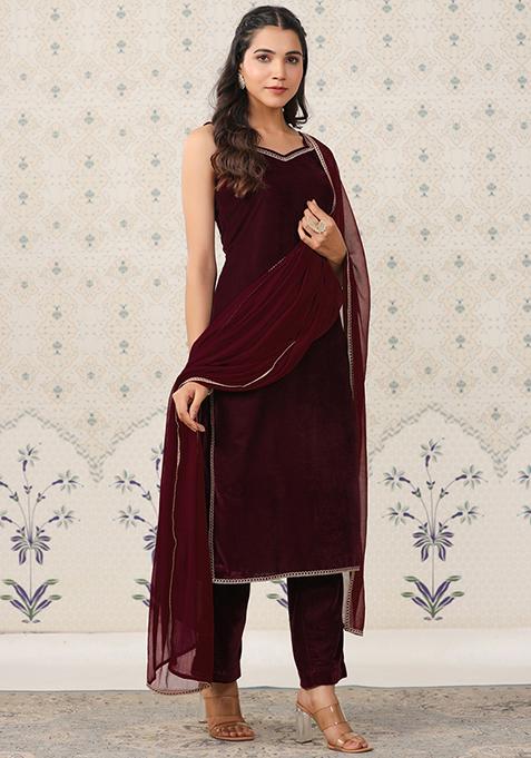 Vedikas Polka Wine Kurta Set