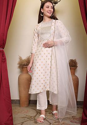 Off White Embroidered Silk Kurta Set