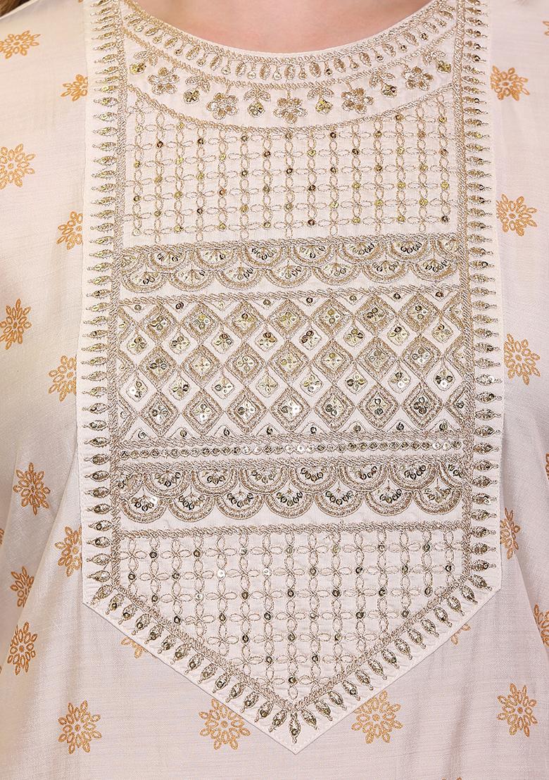Off White Embroidered Silk Kurta Set