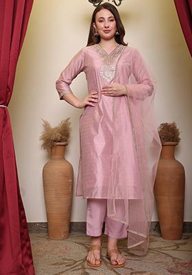 Pink Embroidered Chanderi Cotton Kurta Set