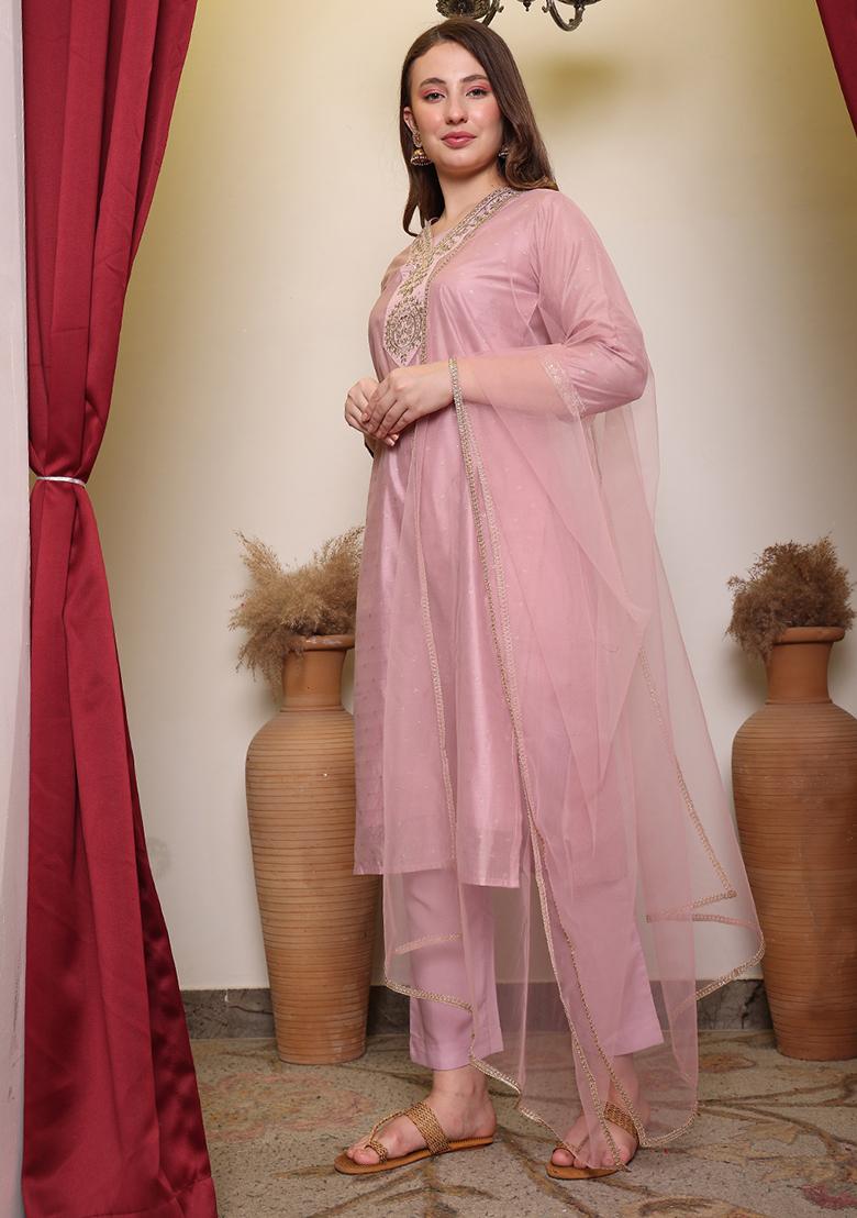 Pink Embroidered Chanderi Cotton Kurta Set