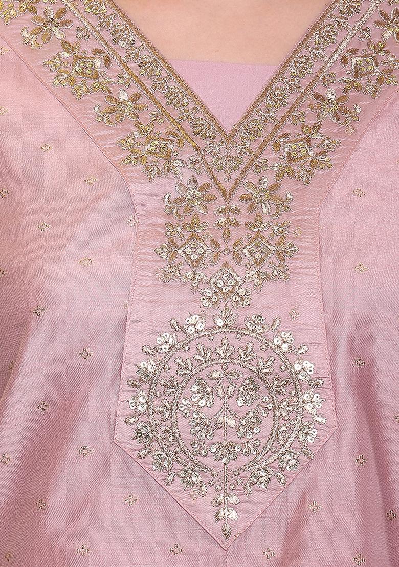Pink Embroidered Chanderi Cotton Kurta Set