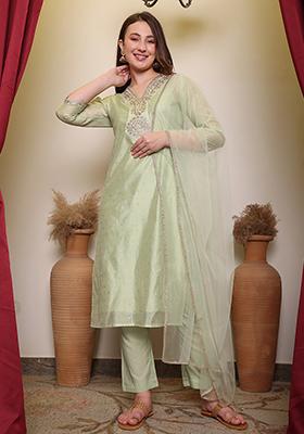 Pista Green Embroidered Chanderi Cotton Kurta Set