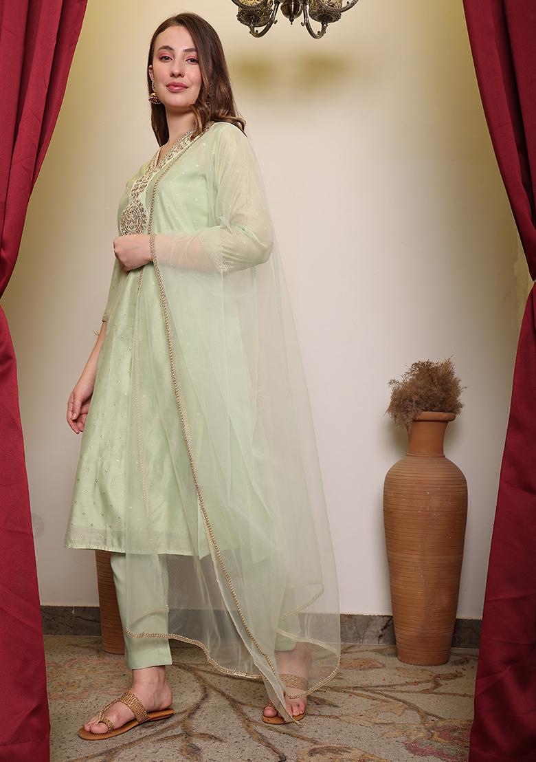 Pista Green Embroidered Chanderi Cotton Kurta Set
