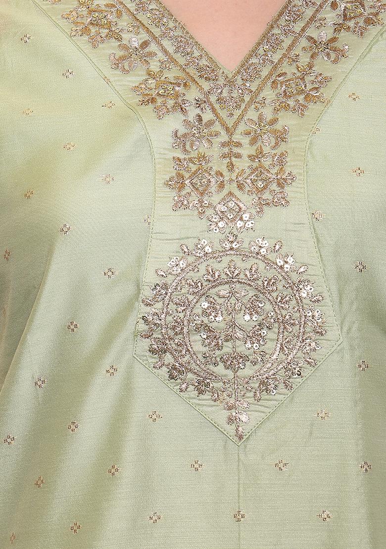 Pista Green Embroidered Chanderi Cotton Kurta Set