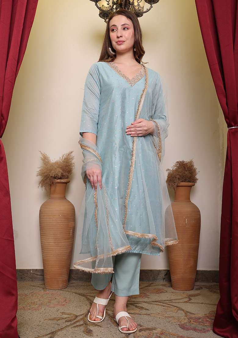 Sky Blue Embroidered Chanderi Straight Kurta Set - Indya