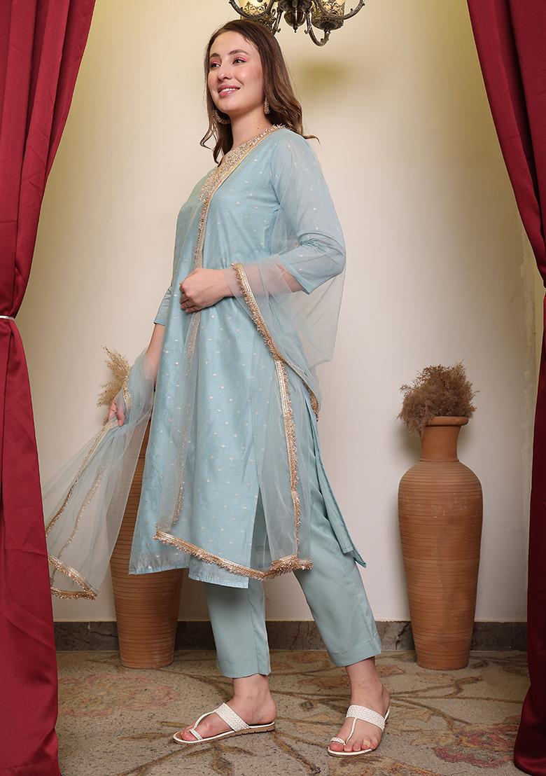 Sky Blue Embllished Chanderi Kurta Set