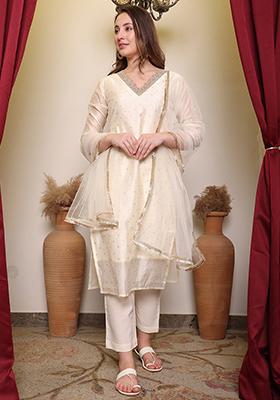Off White Embllished Chanderi Kurta Set With Dupatta