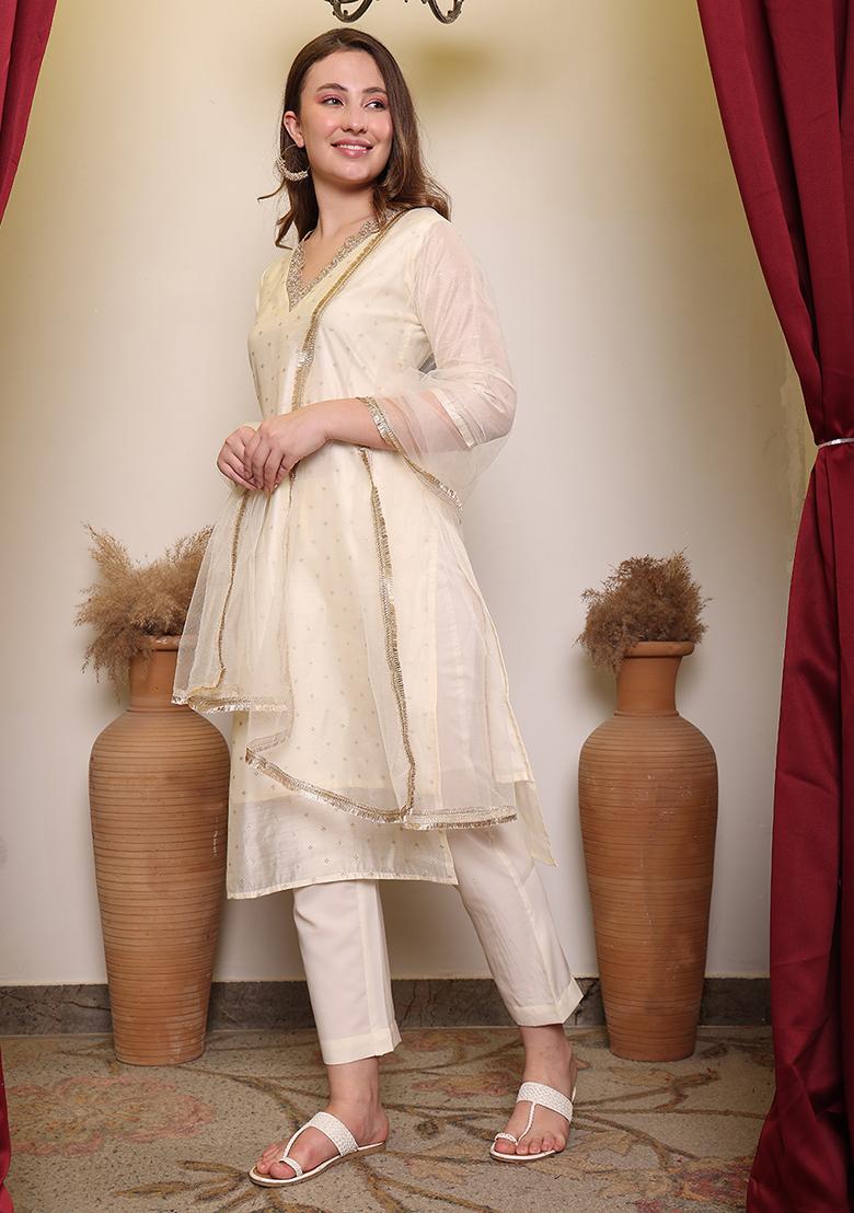 Off White Embllished Chanderi Kurta Set