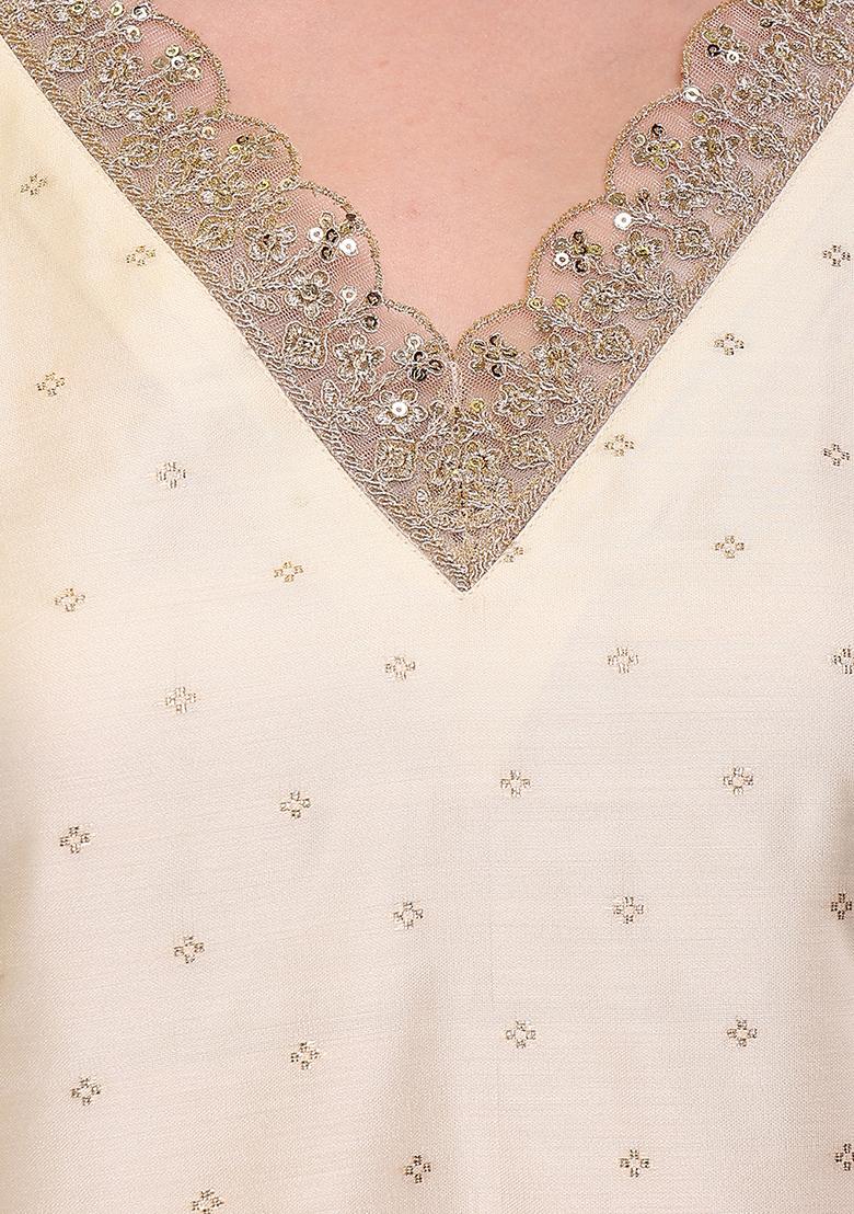 Off White Embllished Chanderi Kurta Set