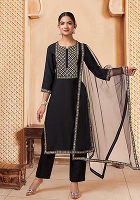 Black Embroidered Silk Kurta Set